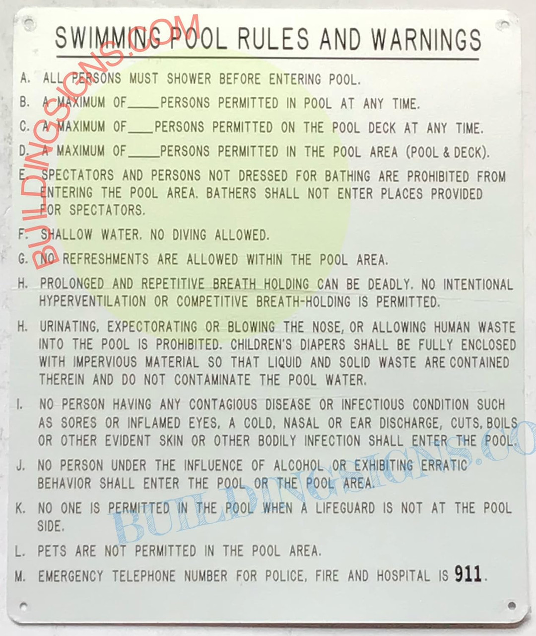 Wisconsin Pool Rule Sign SWIMMING POOL RULES SIGN ( WHITE, Reflective ALUMINUM , 10x12 INCH)