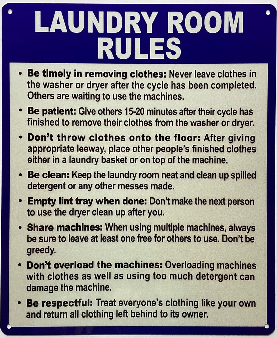 Laundry room rules sign (ALUMINIUM, REFLECTIVE. 10x12 INCH,HEAVY DUTY ...