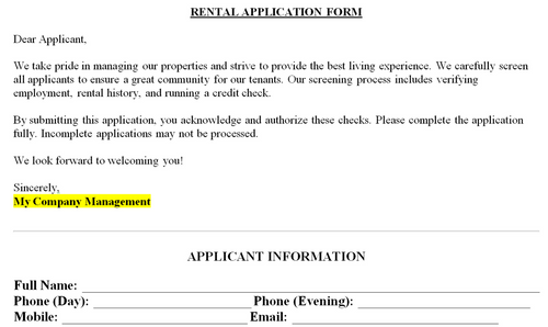 Templet of Rental Application for Landloard