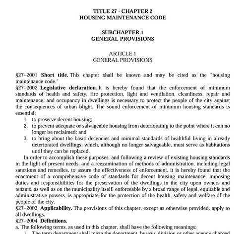 HPD / NYC HOUSING MAINTENANCE CODE