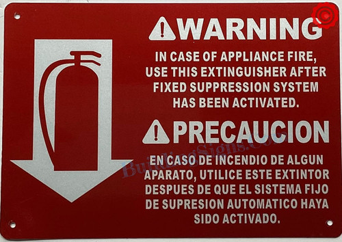 WARNING IN CASE OF APPLIANCE FIRE USE THIS EXTINGUISHER SIGN WITH ARROW DOWN WARNING IN CASE OF APPLIANCE FIRE USE THIS EXTINGUISHER SIGN WITH ARROW DOWN