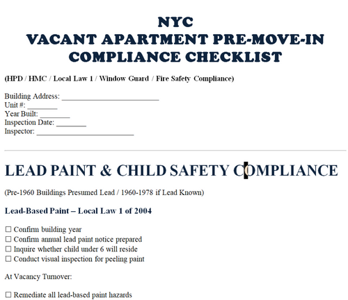 NYC Vacant Apartment Pre-Move-In Compliance Checklist for Landlords (pdf)