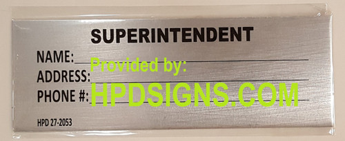 HPD Janitor Name/Address Sign (HMC § 27-2053) – Aluminum HPD Janitor Name/Address Sign (HMC § 27-2053) – Aluminum
