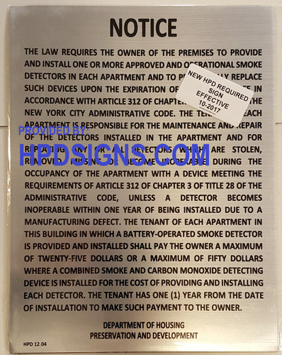 nyc hpd Smoke Detecting Devices Notice Sign 28 RCNY § 12-01 silver