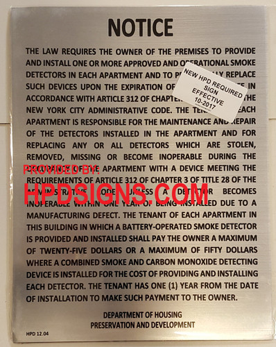 Smoke Detecting Devices Notice Sign 28 RCNY § 12-01 silver Smoke Detecting Devices Notice Sign 28 RCNY § 12-01 silver