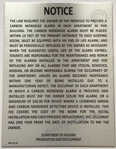 Carbon Monoxide Detecting Devices Notice Sign  Sign 28 RCNY § 12-01 / HMC § 27-2046.1