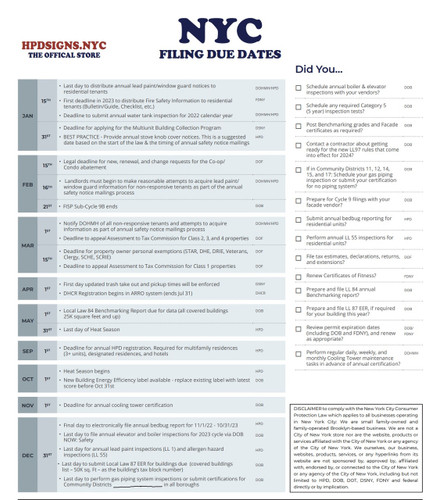 NYC Filing Due Dates Calendar – Annual Property Compliance Deadlines for HPD, DOB, FDNY, DOF, DSNY NYC Filing Due Dates Calendar – Annual Property Compliance Deadlines for HPD, DOB, FDNY, DOF, DSNY