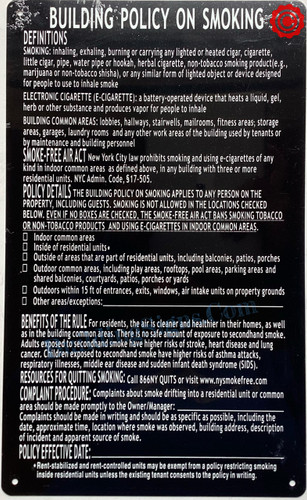 Residential Building Smoke Policy Disclosure Sign – Local Law 147 Compliance | HPD Required Lobby Sign Residential Building Smoke Policy Disclosure Sign – Local Law 147 Compliance | HPD Required Lobby Sign