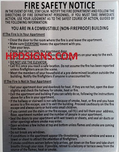 Lobby Fire Safety Notice: Combustible Buildings -NON Fire Proof