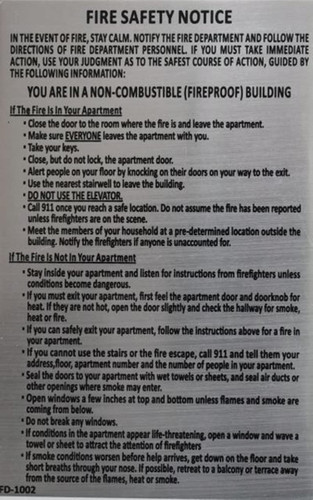 DOOR HPD NYC "FIRE SAFETY NOTICE"- FIRE PROOF BUILDING SIGN DOOR HPD NYC "FIRE SAFETY NOTICE"- FIRE PROOF BUILDING SIGN