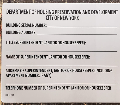 HPD NYC SERIAL NUMBER SIGN