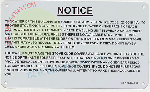 HPD NYC STOVE KNOB NOTICE SIGN HPD NYC STOVE KNOB NOTICE SIGN