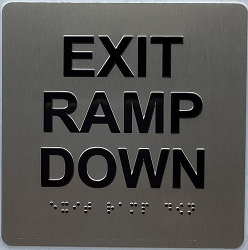 EXIT RAMP DOWN sign Raised letters & Grade 2 Braille - Includes Red Adhesive pad for Easy Installation
