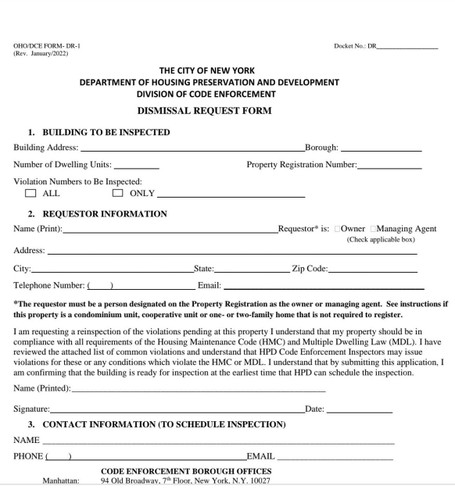 Dismissal request form hpd nyc