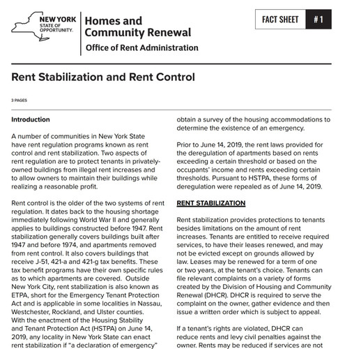 Fact Sheet #1: Rent Stabilization and Rent Control
