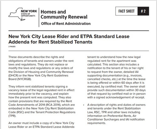 Fact Sheet #2: New York City Lease Rider and ETPA Standard Lease Addenda for Rent Stabilized Tenantsl