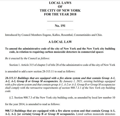 Commercial Building Carbon Monoxide Detector law nyc