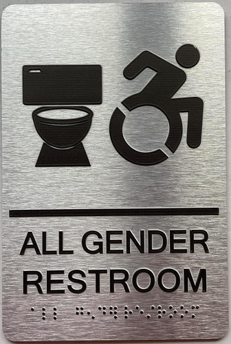 ALL GENDER RESTROOM ACCESSIBLE W SYMBOL sign with Raised letters/Image & Grade 2 Braille - Includes Red Adhesive pad for Easy Installation ALL GENDER RESTROOM ACCESSIBLE W SYMBOL sign with Raised letters/Image & Grade 2 Braille - Includes Red Adhesive pad for Easy Installation