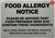 FOOD ALLERGY NOTICE SIGN-Warning Sign Food Allergy Safety Notice
