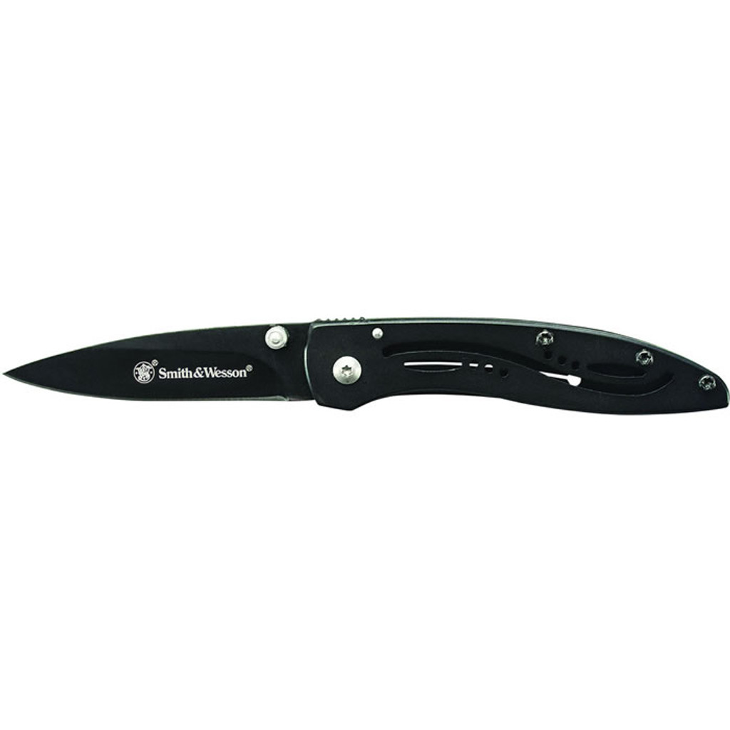 <p><big>Smith &amp; Wesson Frame Lock Folding Pocket Knife, Black 7Cr17 High Carbon Stainless Steel Drop Point Blade with Ambidextrous Thumb Knobs and Jimping, Black Stainless Steel Handle</big></p>

<p><big>SPECIFICATIONS</big></p>

<p><big>Blade Length:&nbsp;&nbsp; &nbsp;2.28 inch (5.8 cm)<br />
Handle Length:&nbsp;&nbsp; &nbsp;3.03 inch (7.7 cm)<br />
Overall Length:&nbsp;&nbsp; &nbsp;5.31 inch (13.5 cm)<br />
Weight:&nbsp;&nbsp; &nbsp;0.06 lb<br />
U.P.C.&nbsp;&nbsp; &nbsp;028634001422</big></p>