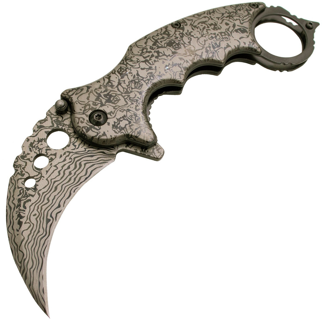 Tiger USA Spring Assisted Knife Karambit Black Grey Damascus Design