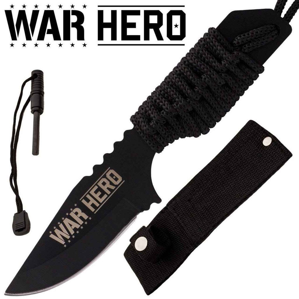 Knockout Knucks War Hero Firestarter Knife With Nylon Sheath and Paracord Black