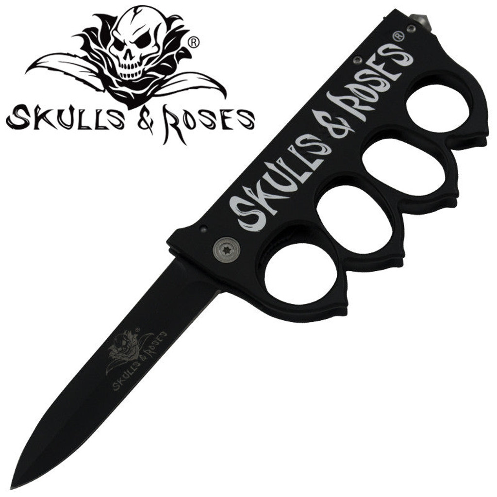 Skulls & Roses Brass Buckle Spring Assisted Folder