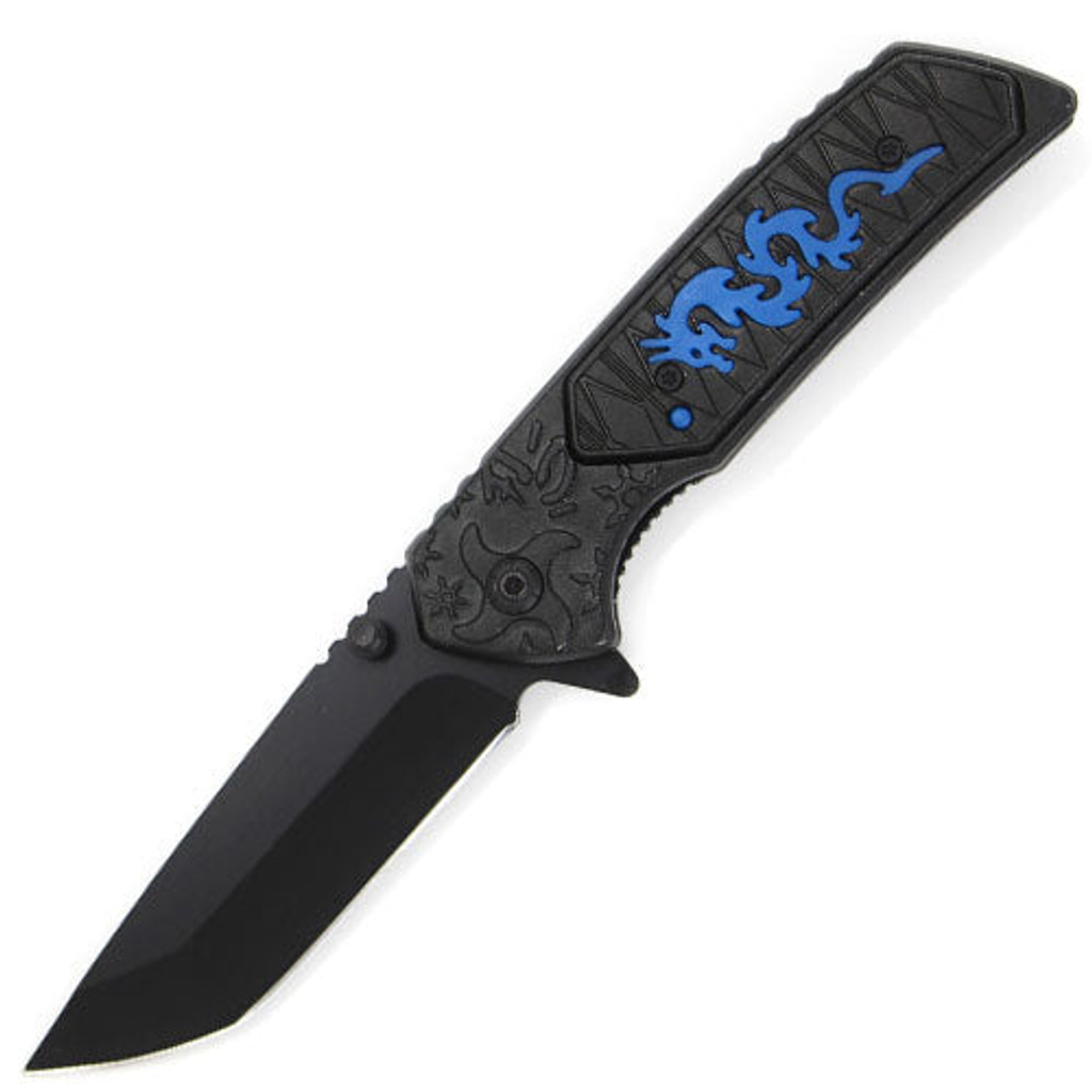 Black Dragon Spring Assisted Knife Tanto - Blue