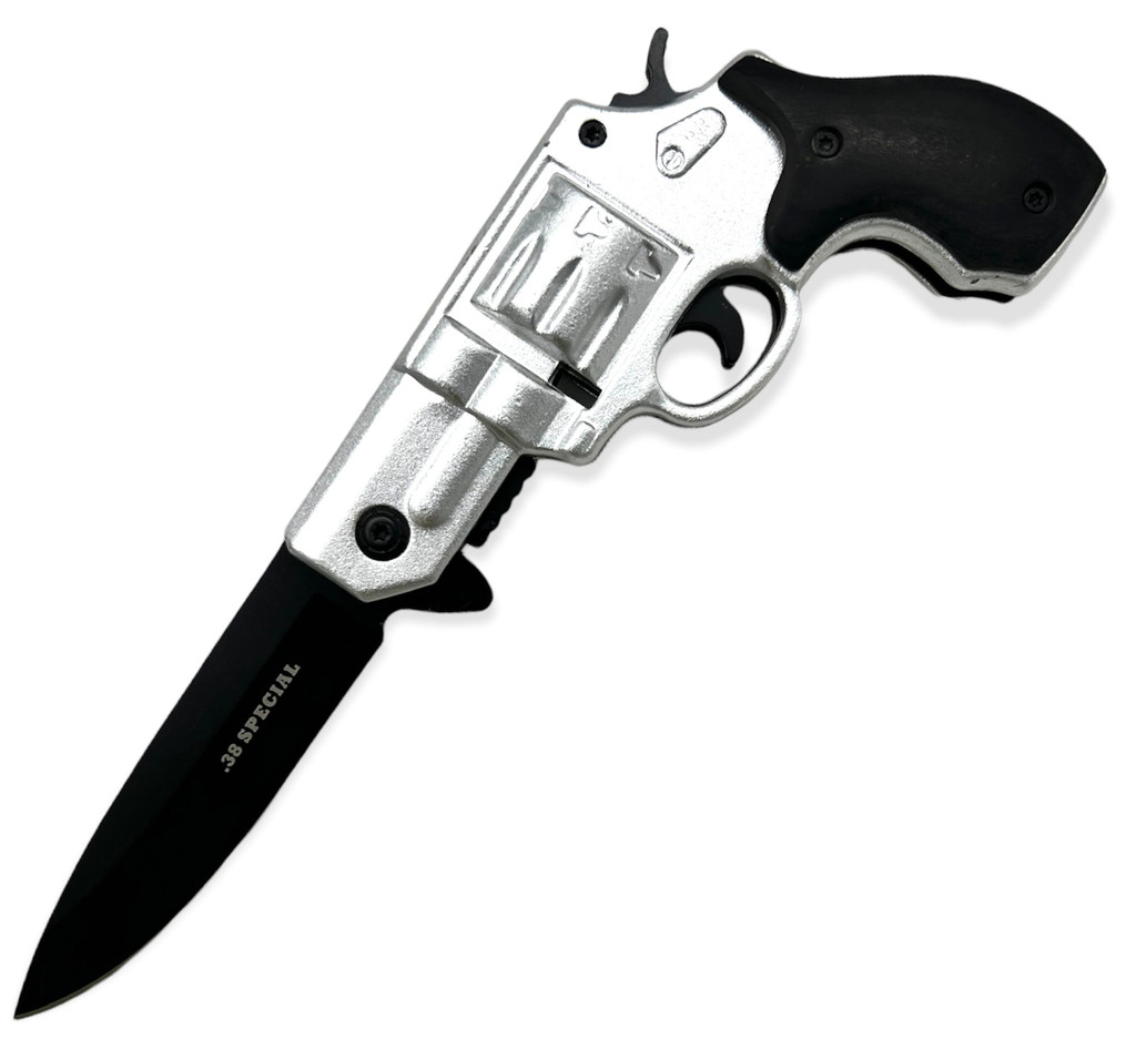 Tiger-USA Pistol Spring Assisted Knife Revolver Style SILVER