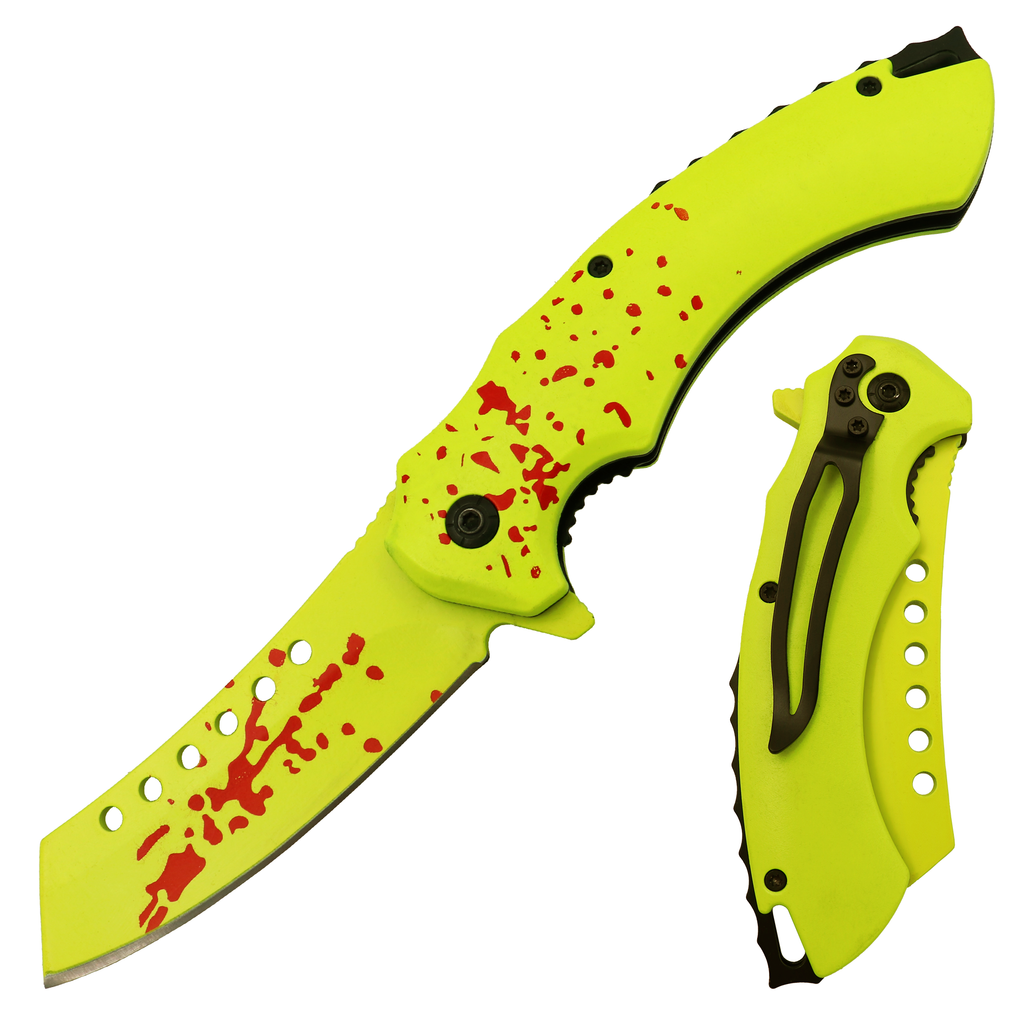 8" Yellow Blood Splatter Cleaver Skinner Spring Assisted Knife