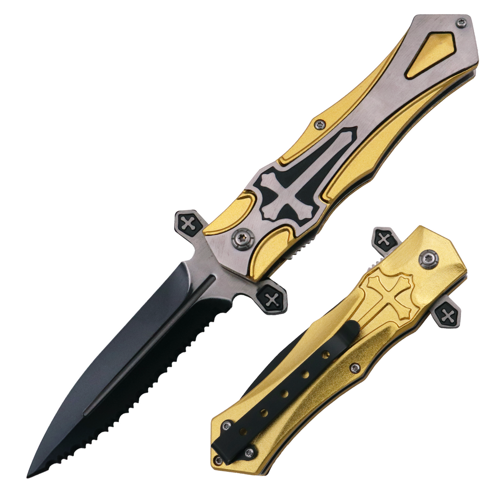 Gold Folding Knife Crusader Logo one side SERRATED