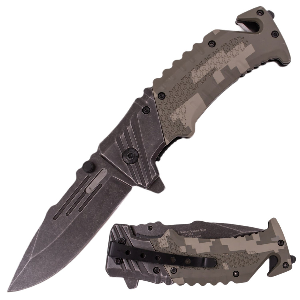 7 Inch Tiger-USA Ergonomic Grip Stonewashed Spring Assisted Knife - Camo 3