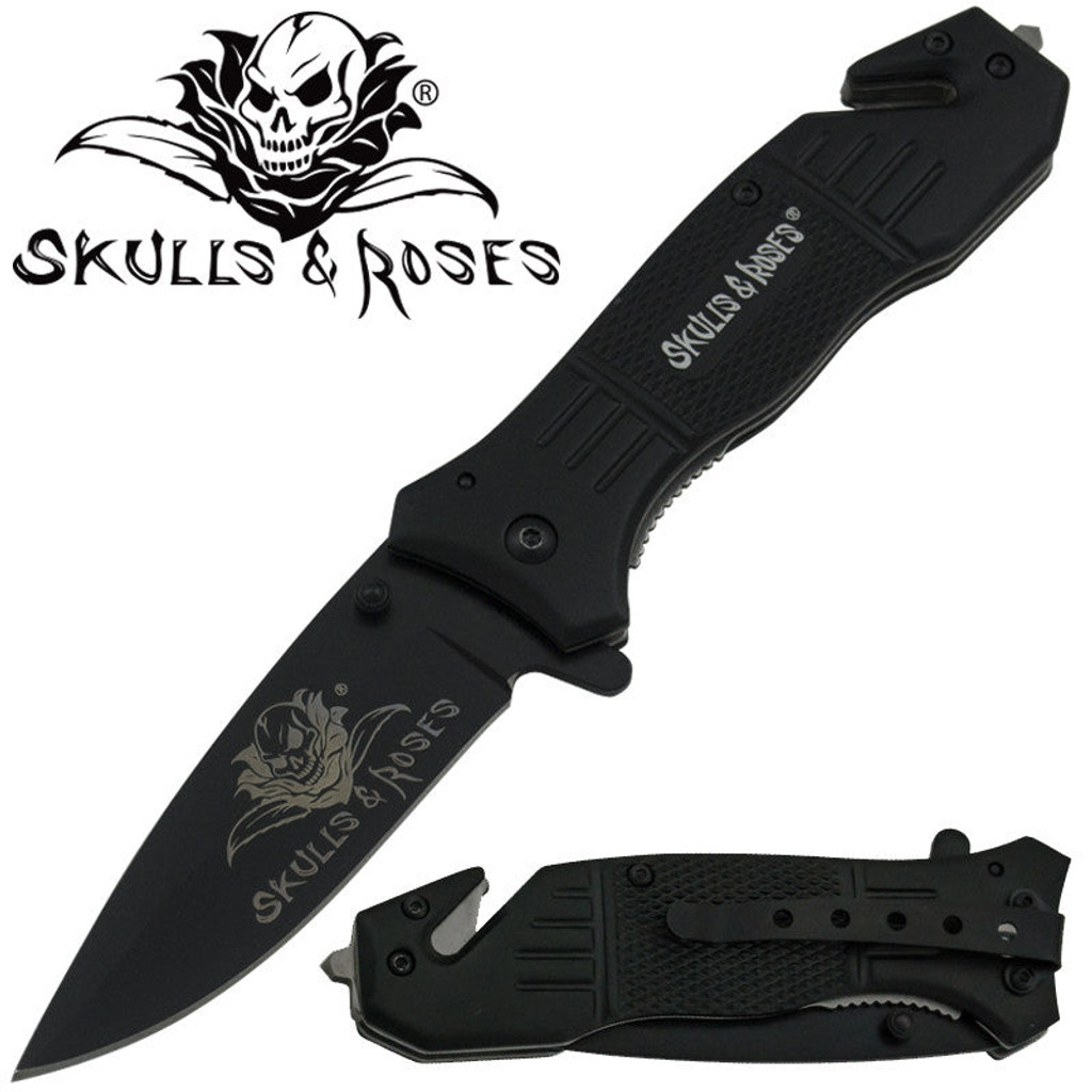 Skulls & Roses Trigger Action Liner Lock Drop Point Blade Knife