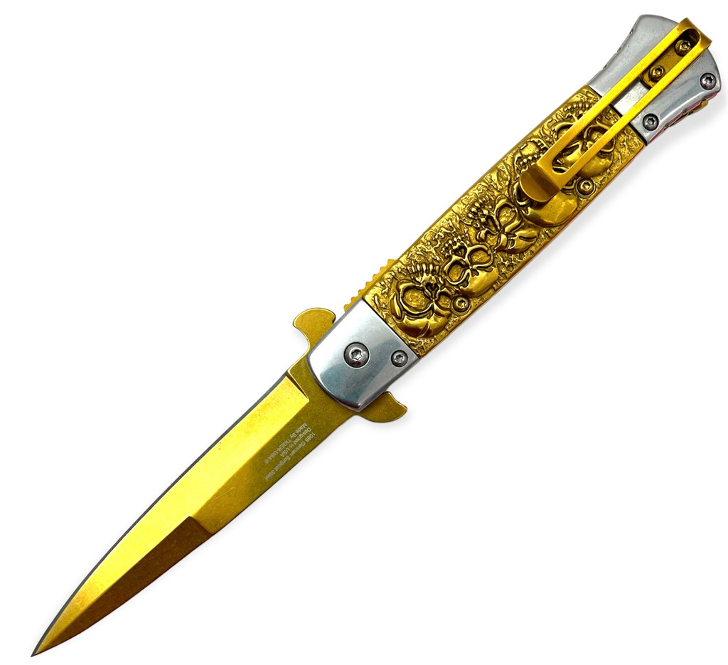 Tiger USA Gold Folding Knife Skulls