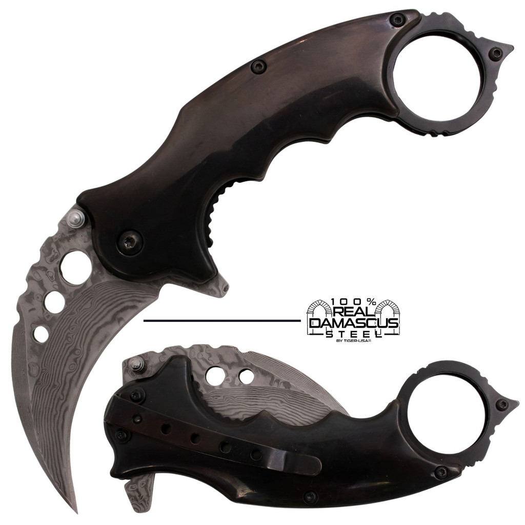 Tiger USA® Karambit Genuine Damascus Steel Spring Assisted Blade Black