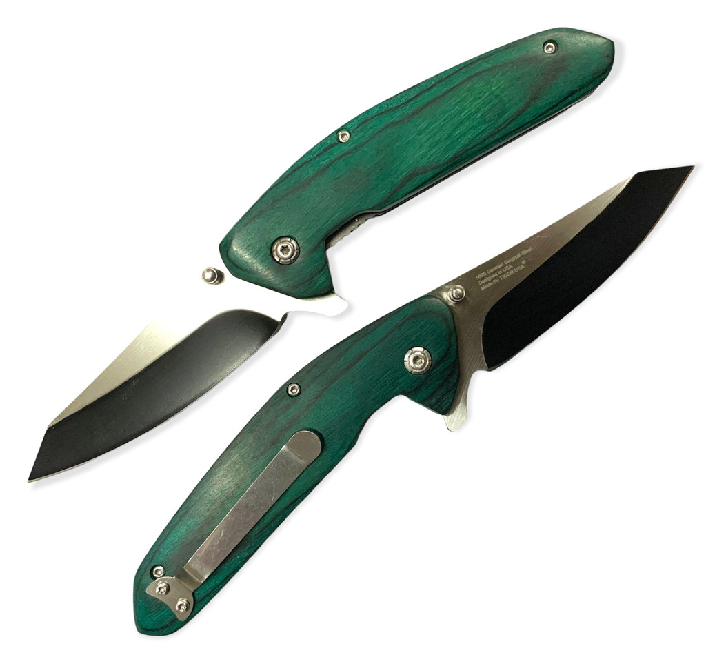 Tiger USA Spring Action GREEN WOOD Folding knife tanto