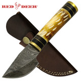 Red Deer Short Blade Burning Bone Real Damascus Knife