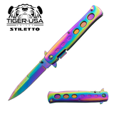 8.5 Inch stiletto style Milano Spring Action Knife - Rainbow