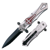 Red & Silver Folding Knife Crusader Logoone side SERRATED