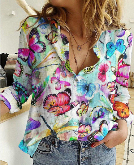 Colorful Butterflies Casual Linen Shirt