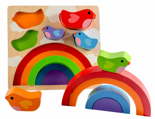 Kiddie Connect Bird and Rainbow Puzzle
Is a puzzle designed to assist with development of a number of essential cognitive skills. It offers opportunity to develop problem solving skills, numerical understandings, logical thinkning, shape and colour recognition and seriation (a fundamental sorting skill which relates to recognition to relative size and patterns).
There is also opportunity for development of tower buidling - the fine motor skill involving placing and balancing.
Ages: 18mths