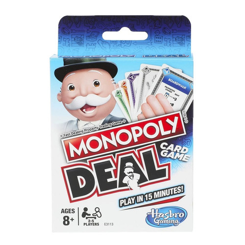 Monopoly Deal

A Fast Dealing Property Trading Game!

Play in 15 Minutes!

The Monopoly Deal Card Game is all the fun of the Monopoly game in a quick-playing card game.

Be the first player to collect 3 complete Property Card sets in different colours to win.

Use Action cards to charge rent and make tricky deals!