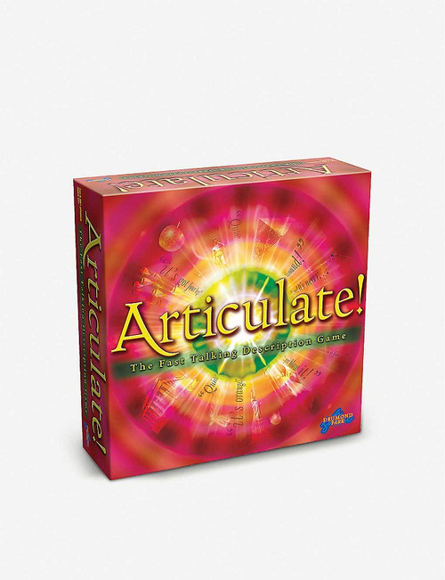 Articulate is outrageously simple, fast and highly entertaining.

Played in teams, the idea is to describe as many words as possible to your team-mates in just 30 seconds, with out saying it "rhymes with" or "Sounds Like"

504 cards with 3024 entries,board, 4 playing pieces, spinner, sand timer and rules