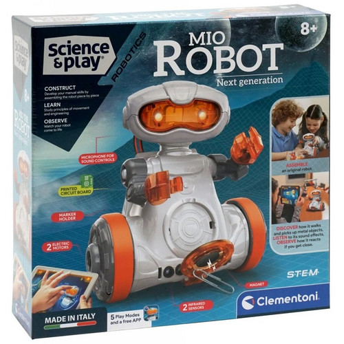 Clementoni - The Mio Robot: Next Generation
Assemble an actual robot with this unique kit! With lots of electronic components and a free app, Mio the robot will allow you to discover the fun worlds of robotics and electronics.
Play modes with the app:
Programming: Using the app you can program the movement, lights and sound.
Real time: you can control the functions of the robot from the app in real time.
Offline play modes:
Manual Programming: Using the buttons on the robot you can make the robot do several activities including; obstacle course, search for metal objects and more.
Follow me / Escape: Using the infared sensor on the robot it can follow your hand or run away from it.
Clap Mode: Make the robot move by clapping your hands. Clementoni - The Mio Robot: Next Generation
Assemble an actual robot with this unique kit! With lots of electronic components and a free app, Mio the robot will allow you to discover the fun worlds of robotics and electronics.
Play modes with the app:
Programming: Using the app you can program the movement, lights and sound.
Real time: you can control the functions of the robot from the app in real time.
Offline play modes:
Manual Programming: Using the buttons on the robot you can make the robot do several activities including; obstacle course, search for metal objects and more.
Follow me / Escape: Using the infared sensor on the robot it can follow your hand or run away from it.
Clap Mode: Make the robot move by clapping your hands.