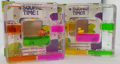 The Four Square timer has a flow between 4 compartments, with a centre of coloured oil containing a little creature.

The coloured liquid won't mix with our dissove into the clear liquid. Because they don't mix we can observe gravity at work with the heavier coloured liquid always flowing to the bottom of the timer

A calming and mesmerising device that can be used by those affected by sensory overload.

Ages 3 Yrs+