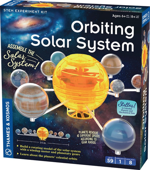 Orbiting Solar System
Build a mechanical model of the solar system including the sun and eight planets (also known as an orrery), wind it up, and watch the planets revolve around the sun. Assemble this complex machine using snap-together plastic parts to learn how the gears and wind-up mechanism work to spin the model. Detail each planet with colourful, realistic-looking printed planet graphics. Discover how a special type of gear called a planetary gear is used to simulate the mesmerising motion of the solar system. Learn about the order of the planets, their relative sizes, their rates of revolution around the sun, their appearance, and other planetary facts. Bonus: There’s a built-in expansion slot in case the mysterious Planet Nine is discovered! This kit includes full-colour step-by-step illustrated assembly instructions.
Wind up engine sets your plants in motion around the sun - no batteries required
Learn about planets' celestial orbits
Stellar1 8 colourful planets and mechanical sun Orbiting Solar System
Build a mechanical model of the solar system including the sun and eight planets (also known as an orrery), wind it up, and watch the planets revolve around the sun. Assemble this complex machine using snap-together plastic parts to learn how the gears and wind-up mechanism work to spin the model. Detail each planet with colourful, realistic-looking printed planet graphics. Discover how a special type of gear called a planetary gear is used to simulate the mesmerising motion of the solar system. Learn about the order of the planets, their relative sizes, their rates of revolution around the sun, their appearance, and other planetary facts. Bonus: There’s a built-in expansion slot in case the mysterious Planet Nine is discovered! This kit includes full-colour step-by-step illustrated assembly instructions.
Wind up engine sets your plants in motion around the sun - no batteries required
Learn about planets' celestial orbits
Stellar1 8 colourful planets and mechanical sun