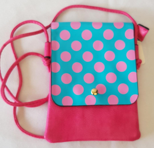 Crossbody Shoulder Bag
Cute Pink bag with Blue flap and pink spots
Approx 21cm x 15cm