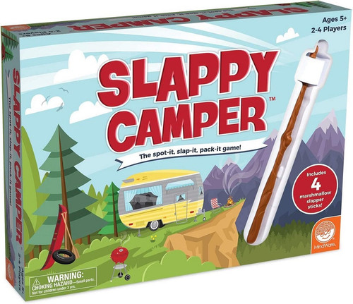 Race to stock up your camper!
Flip the cards to see what camping gear you can pack next, then use your marshmallow slapper to smack the matching card on the table.
Slap the wrong card and you may find yourself unpacking! Be the first to fill your camper with no extra spaces – it’s harder than it looks!
The sturdy, colorful game pieces will last through years and years of game play. No matter your age, you can keep your mind sharp while having fun with this quick-thinking game.
Gameplay is short – you’ll be begging for a rematch! Happy Trails!
Slap matching gear for your camper and be the first to get all packed!
Kids practice quick thinking, fast reflexes and creative problem solving
Fun for groups of mixed ages
Ages 5 Years+