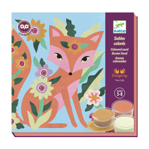 Create stunning sand art pictures that glow in the dark with this fun and easy craft kit from Djeco. The kit contains four pre-glued cards featuring nocturnal animals in a garden, 12 pots of coloured sand (six of them are fluorescent), and a plastic tool to peel off the adhesive paper. Simply follow the colour code in the booklet and sprinkle the sand over the sticky areas to reveal the beautiful illustrations. The box has a small hole to pour back the excess sand into the pots. When the pictures are done, turn off the lights and watch them come to life with a magical glow. This kit is suitable for children aged 5 and up and makes a great gift for creative kids. Create stunning sand art pictures that glow in the dark with this fun and easy craft kit from Djeco. The kit contains four pre-glued cards featuring nocturnal animals in a garden, 12 pots of coloured sand (six of them are fluorescent), and a plastic tool to peel off the adhesive paper. Simply follow the colour code in the booklet and sprinkle the sand over the sticky areas to reveal the beautiful illustrations. The box has a small hole to pour back the excess sand into the pots. When the pictures are done, turn off the lights and watch them come to life with a magical glow. This kit is suitable for children aged 5 and up and makes a great gift for creative kids.