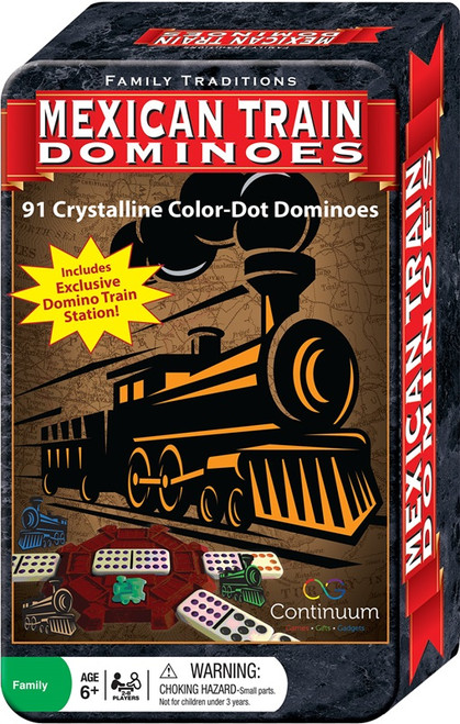 All aboard the family game tradition!
Mexican train dominoes is one of the most popular domino games of all time!
Players work to dispense all the dominoes in their hand by playing them onto one or more “trains” emanating from a central hub. Or you can start a mMexican Train off to the side that doesn't connect to the hub.  Each turn, you play a omino, but if you can't make a play, you draw more dominoes from the boneyard. 
Up to 8 players can play at once. The first player to play all of their dominoes wins!
Contains 91 crystalline dominos, plastic trains and train hub. All aboard the family game tradition!
Mexican train dominoes is one of the most popular domino games of all time!
Players work to dispense all the dominoes in their hand by playing them onto one or more “trains” emanating from a central hub. Or you can start a mMexican Train off to the side that doesn't connect to the hub.  Each turn, you play a omino, but if you can't make a play, you draw more dominoes from the boneyard. 
Up to 8 players can play at once. The first player to play all of their dominoes wins!
Contains 91 crystalline dominos, plastic trains and train hub.